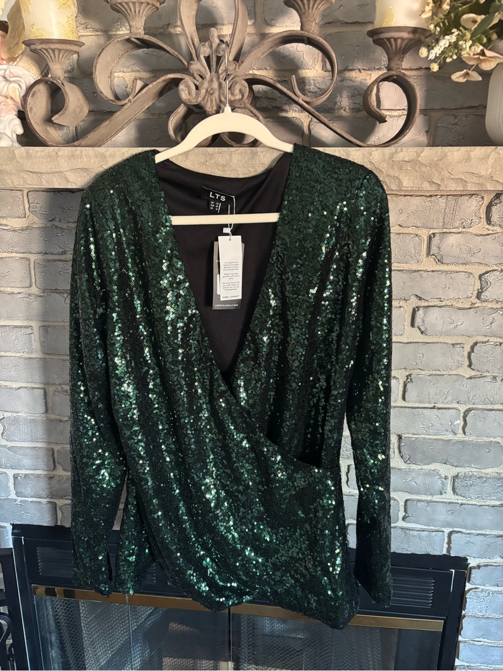 long tall sally Emerald Green Sequin Wrap-Style Long Sleeve Dress
